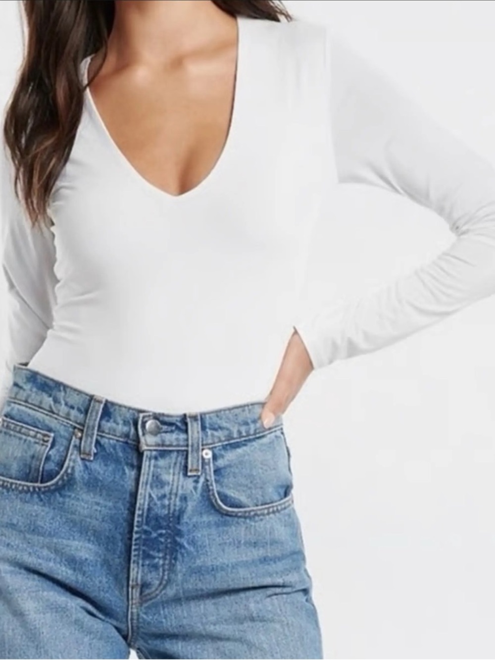 Abercrombie & Fitch White Long Sleeve V Neck Bodysuit